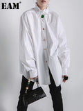 Women Big Size Button Decoration Blouse New Stand Collar Long Sleeve Loose Fit Shirt Fashion Spring Autumn 2023