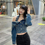 Ropa Mujer Harajuku Blue Jean Jacket Woman Sexy Slash Neck Tunic Y2k Tops Streetwear Outwear Fashion Casual Korean