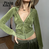 Y2k Velvet Tracksuit Two Piece Set Women Pink Green Cropped Jacket Sweat Pants and Hoodie Set for Woman