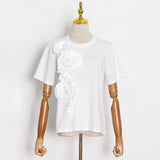 Patchwork Ruffle T-shirts For Female O Neck Short Sleeve High Waist Loose Solid Color Women's Casual T-shirt