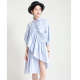 Women Blue Ruffles Irregular Shirt Dress New Lapel Three-quarter Sleeve Loose Fit Fashion Tide Spring Summer 2023
