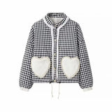Plaid Heart Patchwork Pocket Puffer Jacket-Outfit