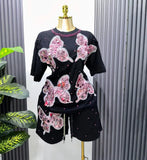 Set European Dress Design Butterfly Set Drill Short Sleeve T-Shirt Blouse Woman + Tight Waist Broad Leg Shorts Two