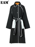 Women Black Pocket Color-block Big Size Trench New Lapel Long Sleeve Windbreaker Fashion Tide Spring Autumn 2023