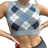 Argyle Plaid Knitted Sweater Vest Women Streetwear Preppy Style Vintage Striped Clothing V Neck Tank Top Y2K