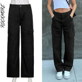 Rockmore Brown Vintage Baggy Jeans Women 90s Streetwear Pockets Wide Leg Cargo Pants Low Waist Straight Denim Trousers