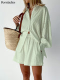Summer White Elegant Jacquard Fabric Soft Vacation Suits Women Long Sleeves Shirts And Hot Pants Two Pieces