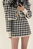 Temperament Skirt Outfits Chic Plaid Two Piece Set Women Sailor Collar Cropped Coapt Bodycon Mini Skirts Suit Office Lady