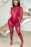 Mesh Patchwork Women's Long Jumpsuit Full Sleeve Turtleneck See Through One Piece Clothing Hipster Attirewear