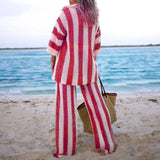 Women's Fashion 2025 Fashion V-Neck Collidered Striped Shirt Loose Broad Leg Trousers Knitted