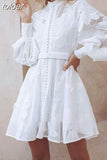 White Elegant Patchwork Embroidery Dress For Women Stand Collar Lantern Long Sleeve High Waist Dresses Female 2023