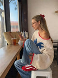 Fashion Vintage Collidered Tramming Trams Design Knitted Loose Casual Sweater In Autumn/Winter