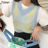 Women V-neck Argyle Preppy Style Casual Summer Sweet Girlish All-match Chic Students Cropped Femme Cozy Sleeveless