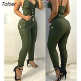 V Neck Spaghetti Strap Button Design Skinny Sexy Cami Vest Top Ladies Holiday Bodycon Pencil Pants Set Women's Two