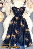 Lace Up Spaghetti Strap Party Dress Women Vintage Floral Print Sleeveless Split Elegant Summer Beach Holidays Chiffon