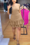 Lady Round Neck Short Sleeve Ruffles Hemline Short Dress Chic Cross Lace Up Hollow Out Bohemian Holiday Trip Travel