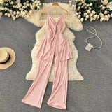 Summer Women Sexy Two Piece Set Beach Criss-Cross V-Neck Spaghetti Strap Tops + Wide Leg Pants Red/Yellow/Purple Suits