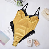 Lace Patchwork Satin Bodysuit Sexy Backless Jumpsuit Slim Women Tops One Piece Fashion Club Party Bodysuits Skinny