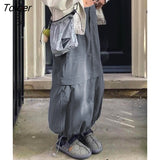 Casual Baggy Cargo Skirts Women Pockets Streetwear Drawstring Hem Low Waist Hippie Long Skirt Y2K Gray Safari Style