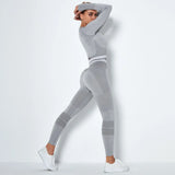 Athletic Seamless Striped Set Gym Sport Suit Workout Clothes Women Long Sleeve Shirts Seamless Shorts Fitness