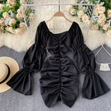 Elegant Solid Dress Women Ruched V Neck Flare Sleeve Slim Dresses Autumn Korean Fashion Streetwear Short