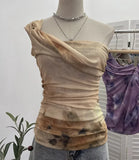 Yarn Printed Slanted Shoulder Sling Vest Retro Design Folding Temperament Short Blouse