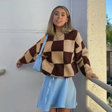 Jumper Women Autumn 2021 Streetwear Loose Plaid Print Knitted Sweater Casual Long Sleeve O-neck Patchwork