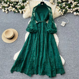 Stand-Up Single Buckle Heavy Industry Hook Flower Embroidery Lantern Sleeve With A Long Dress With A Big