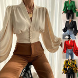 Explosion Spring New Temperament Button V-Neck Lantern Sleeve