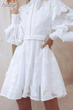White Elegant Patchwork Embroidery Dress For Women Stand Collar Lantern Long Sleeve High Waist Dresses Female 2023