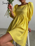 Party A-line puff short sleeve ruffle women dress summer Office green high waist mini dress summer White purple mujer