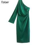 Women Sexy Single Shoulder Asymmetrical Midi Dress Female Chic Flare Sleeve Side Zipper Pleat Casual Split Vestido