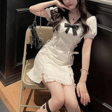 Party Japanese Kawaii Fairy White Dresses for Women 2022 Summer Ruffles Party Mini Lolita Dresses Puff Sleeve Lace Split Bodycon