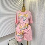 Set European Dress Design Butterfly Set Drill Short Sleeve T-Shirt Blouse Woman + Tight Waist Broad Leg Shorts Two