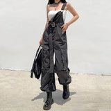Rockmore Gothic Black Overalls Womens Cargo Pants Sling Bow Belt Dungarees Wide Leg Pants Casual Trousers