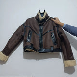 2022 New Fashion Suede Teddy Brown Woman Jacket Vintage Patchwork PU With Zipper Winter Coat Women Female Outwear