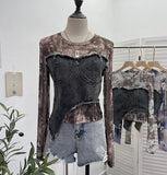 Shooting Tie-Dye Print Spliced Denim T-Shirt Girl Autumn Design Sense Irregular Hair Side Short-Sleeved Top