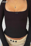 Women's Long Sleeve Top Basic Slim Fitted T-Shirt Spring Square Neck Y2k Crop Top Lace Tee Streetwear Female Pullovers T
