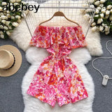 Slash Neck Floral Jumpsuits Shorts Casual Summer Women Overalls Ruffles Playsuits 2022 Sexy Ruffles Playsuit Off