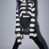 Gothic Short Sweater 2021 Summer Women Sexy Striped Cool Hole Broken Jumper Loose Alt Emo Dark Streetwear Y2k Top