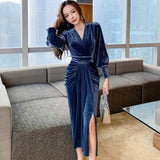 Elegant Lantern Sleeve Velvet Sexy V-Neck High Waist Evening Special Occasion Mid-length Split Dresses Female