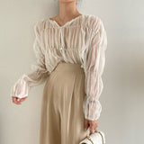 Graduation party gift Korean Fashion Pleated Casual Blouse Women Summer New Loose Folds Perspective Chiffon Shirt Long Sleeve Tops Blusas