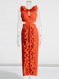 Temperament Famous Wind Dress 2025 New V Collar 100 Folding Wood Ear Design High Waist Open Fork Dress