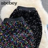 Autumn Women Sequins Bodycon Skirt Elegant High Stretchy Waist Pencil Faldas Female Club Party Saias New Fashion