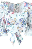Summer Chic Crop Top Women 2023 New Casual Vintage Cute Slim Square Collar Puff Sleeve Bow Tie Short Blouses
