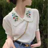 embroidery paragraphs short thin sweater new spring and summer female hedge short sleeve