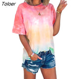 S-5XL Female Casual Summer TOP Ladies women Fashion T-shirt O Neck Short Sleeve Gradient Color Tie Dye Loose