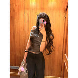 Atmosphere Is Thin Wear With Striped Slanted Shoulder Slim Short-Sleeved T-Shirt Lattice Spliced Design Sense Loose Pants