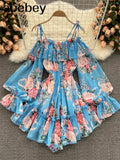 Women Off Shoulder Strap Dress Slash Neck Puff Sleeve Wide Leg Jumpsuits Summer Bohemian Print Vacation Short