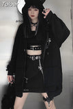 Top Punk Zipper Kawaii Hooded Oversized Hoodie Female Casual Black Tops monster hat Oversize Coat Sweatshirt